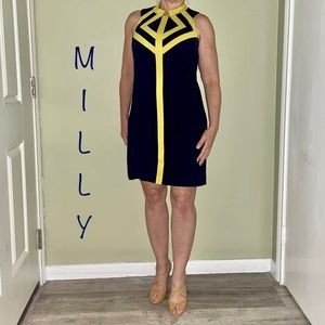 Milly of New York * Navy Sleeveless Shift Dress w/Yellow Trim * Size M